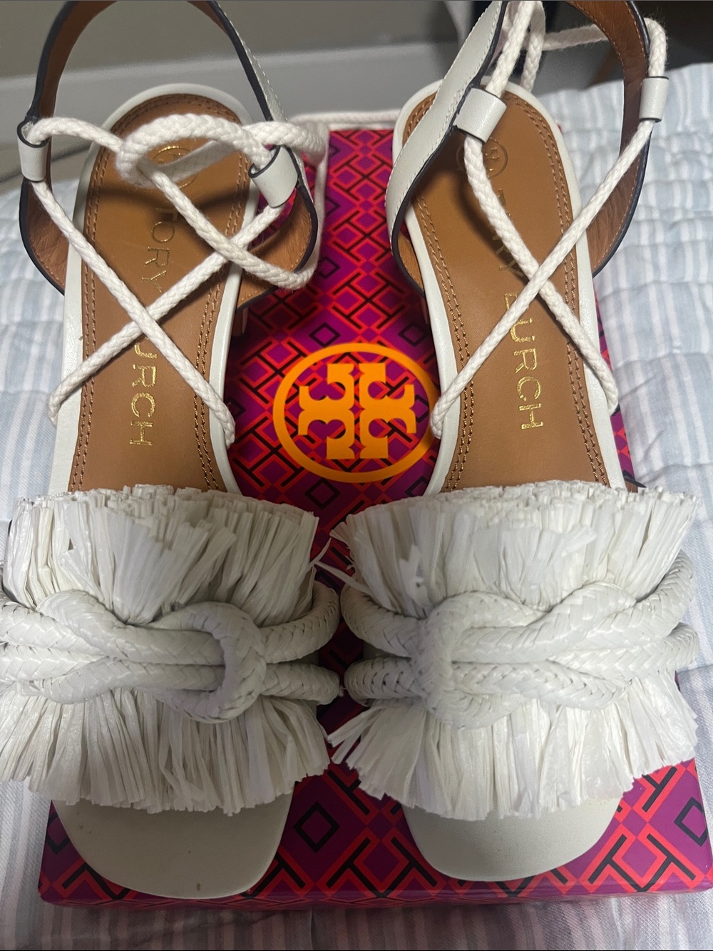 Tory Burch White Braided Rope Fringe Sandals - Women size 6.5. Dust bag included